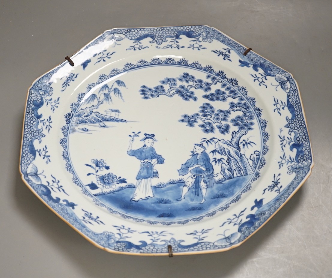 An 18th century Chinese export blue and white octagonal dish - 33cm diameter